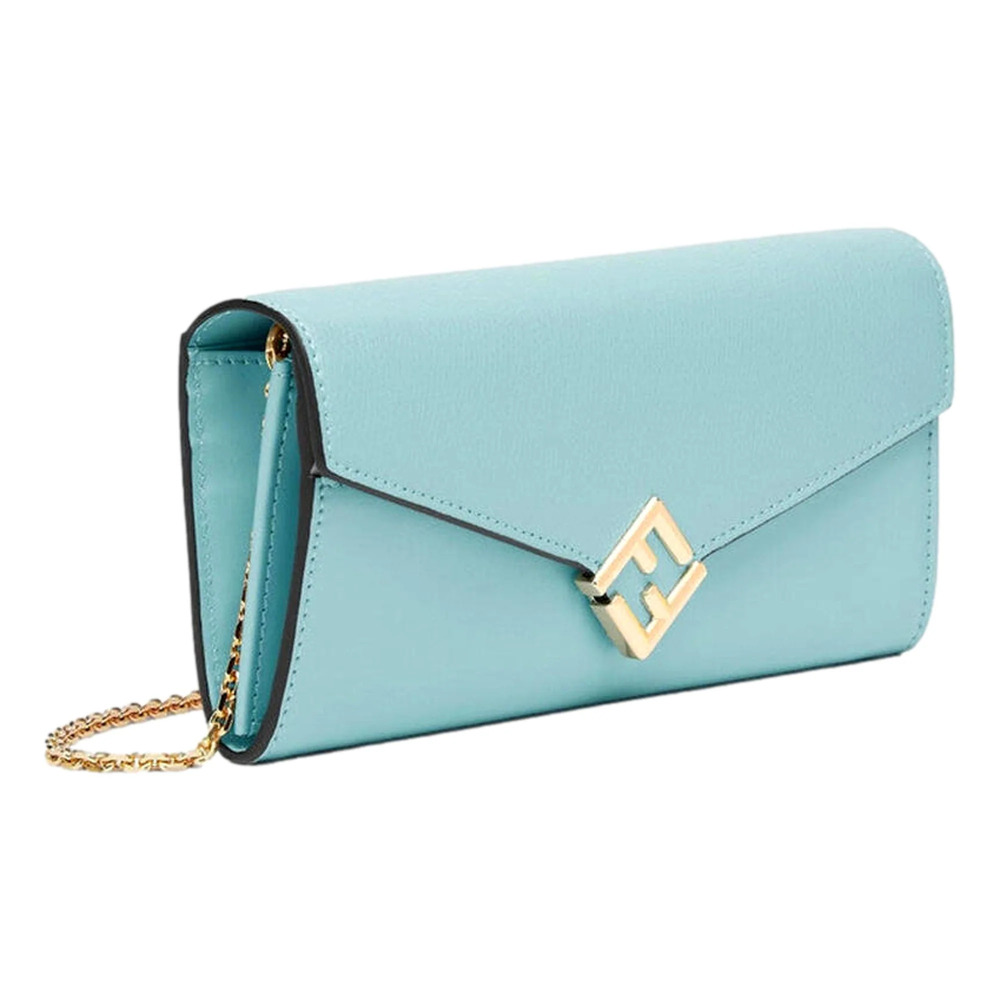 Fendi FF Diamonds Light Blue Calfskin Leather Continental Wallet on Chain Gold